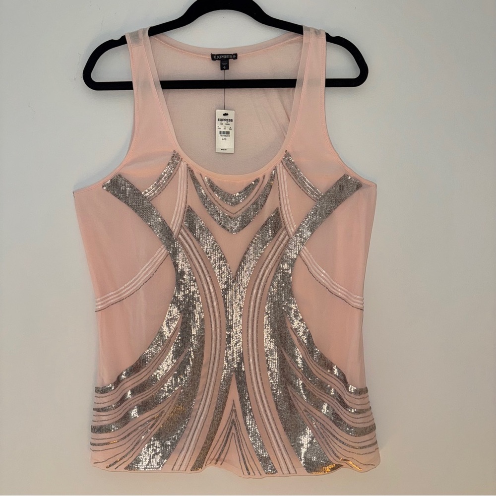 Express Pink Silver Sequin Embellished Tank‎ Top Women’s Large NWT